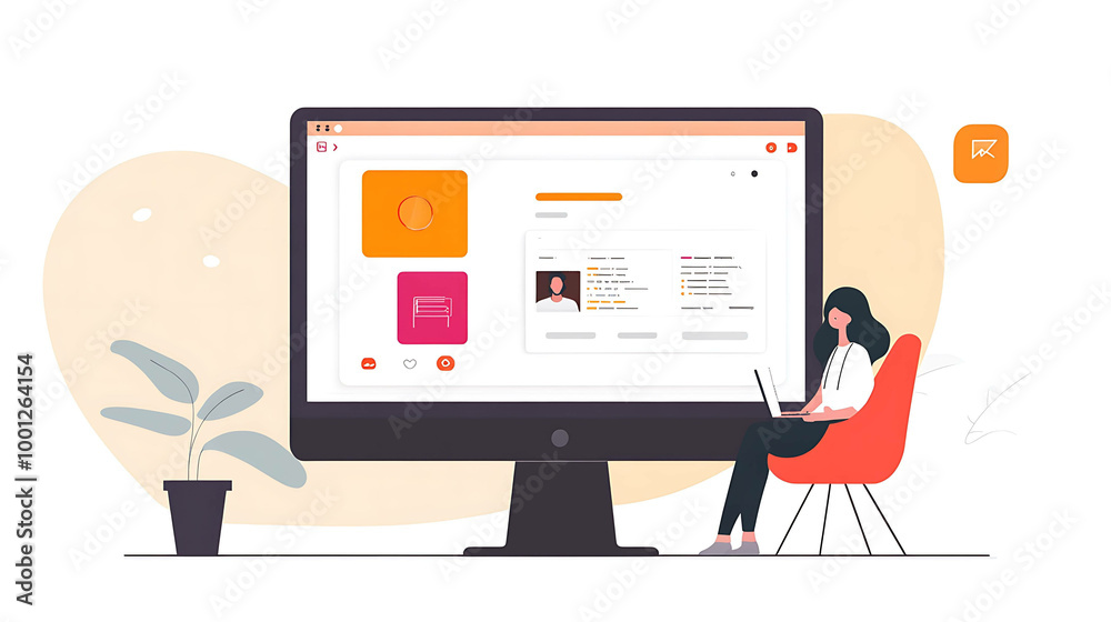 Woman working on laptop in front of computer screen with social media platform open. Woman working on laptop in front of computer screen with social media platform open.