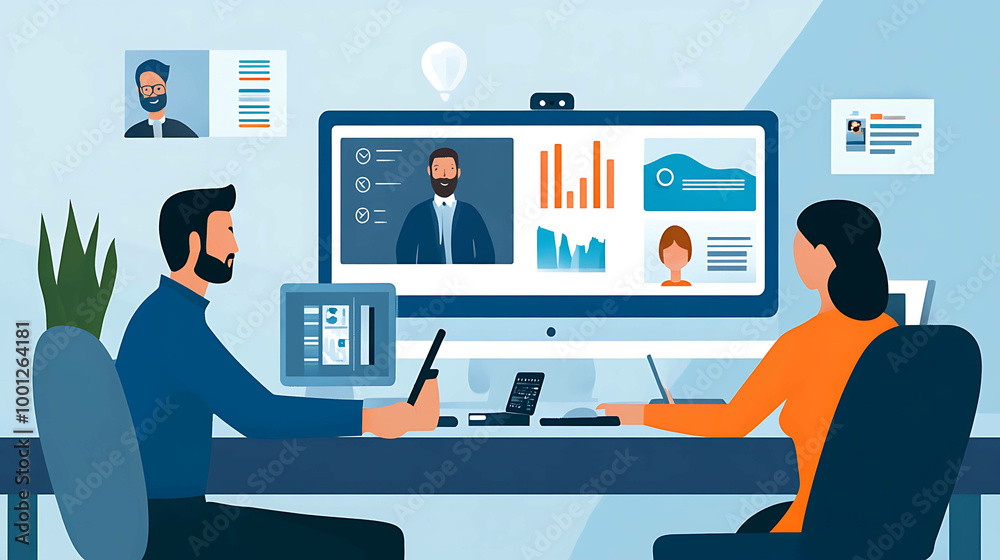 Two people are sitting at a desk in an office. They are on a video call and looking at graphs on a computer screen. Two people are sitting at a desk in an office. They are on a video call and looking at graphs on a computer screen.