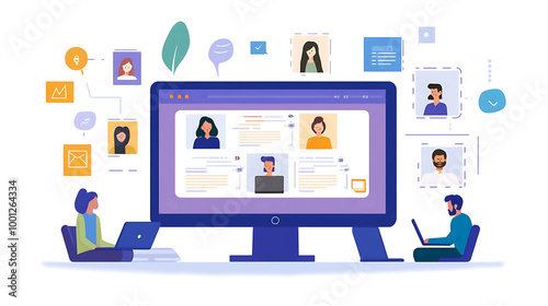 An illustration of people in a video call with a large screen in the center.