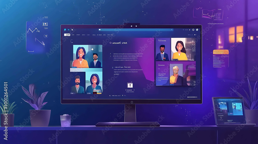 Fototapeta premium A computer screen with a website open showing video calls of different people.