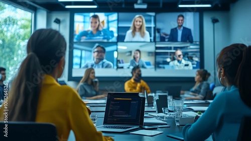 A diverse group of business people have a video conference in a modern office.