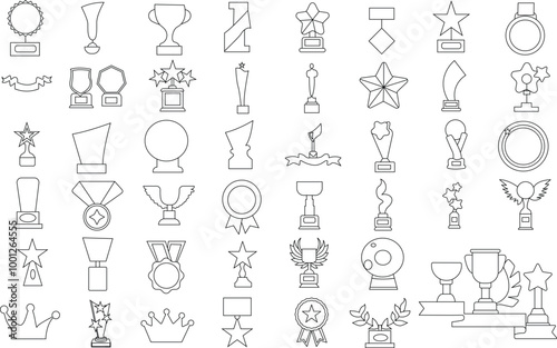 Award Trophy Winner icon set for logo and T-Shirt. Thin line art editable stroke.