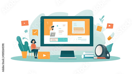 Illustration of a woman on a laptop taking an online course with a man teaching on the computer screen.