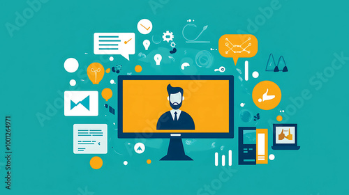 A man is on a computer screen surrounded by icons, representing business and innovation.