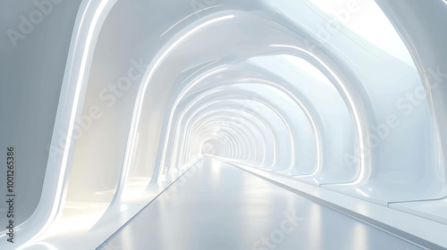 Futuristic white tunnel with glowing arches and a bright light at the end.