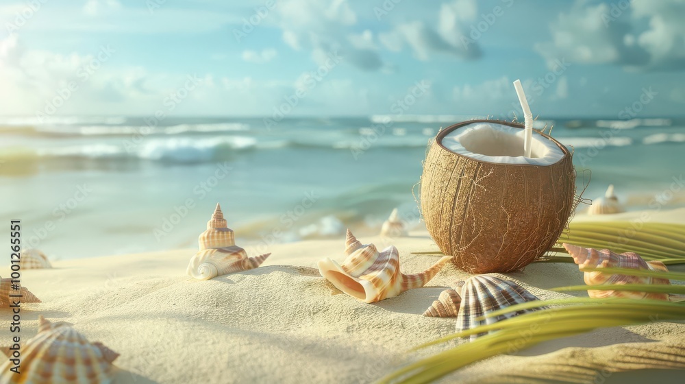 Ice-cold coconut water with straw, placed near seashells on sandy beach, tropical breeze in background, Beachside Coconut, Tropical refreshment Ice-cold coconut water with straw, placed near seashells on sandy beach, tropical breeze in background, Beachside Coconut, Tropical refreshment