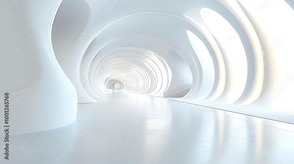 Fototapeta premium Futuristic white tunnel with glowing lights.