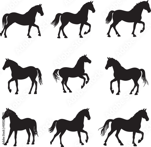 Set of horses icon. Isolated vector black silhouette of galloping, jumping running, trotting, rearing horse on a white background.