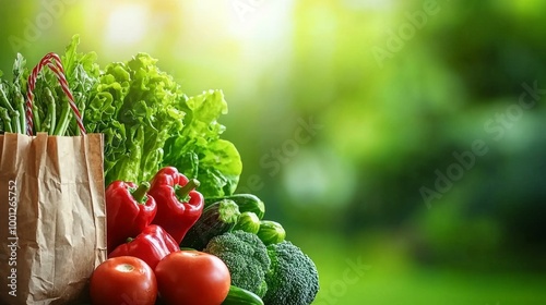 Fresh vegetables and grocery bag on green blurred background photo