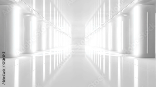 Abstract futuristic white corridor with glowing lights and reflective floor.