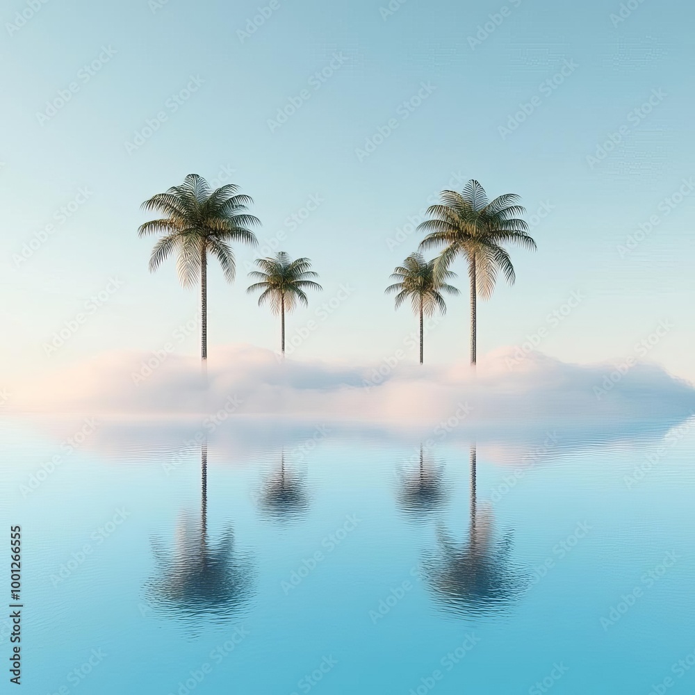 Fototapeta premium Desert oasis with drifting fog, shimmering water and palm trees, 3D illustration