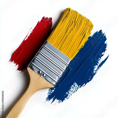 Paintbrush with vibrant red, yellow, and blue strokes on a white background. photo