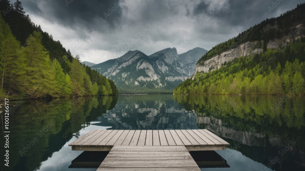 A serene photo of a lake nestled between lush green forests and towering mountains. The sky is overcast with dark clouds. In the foreground, a wooden dock extends over the water. The reflection of the A serene photo of a lake nestled between lush green forests and towering mountains. The sky is overcast with dark clouds. In the foreground, a wooden dock extends over the water. The reflection of the