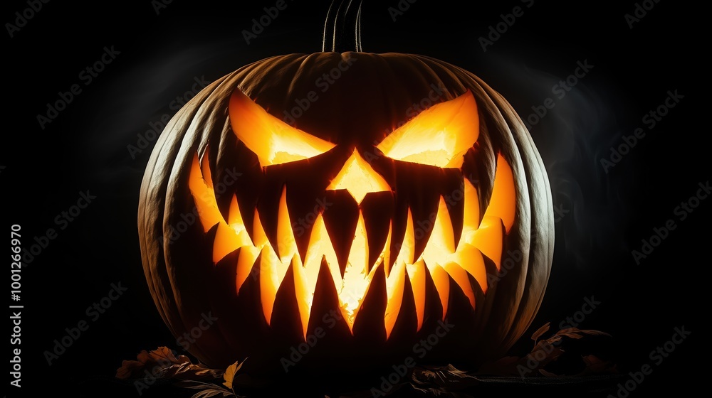 Scary Halloween pumpkin with a carved face, isolated on a dark background, symbolizing the spooky and festive spirit of Halloween. The glowing jack-o'-lantern with sharp features creates an eerie atmo Scary Halloween pumpkin with a carved face, isolated on a dark background, symbolizing the spooky and festive spirit of Halloween. The glowing jack-o'-lantern with sharp features creates an eerie atmo
