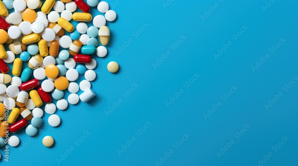 Assortment of Pills on a Blue Background. Top View And Flat Lay. Copy Space For Add Text. 3D Illustration. Generate Ai Image Assortment of Pills on a Blue Background. Top View And Flat Lay. Copy Space For Add Text. 3D Illustration. Generate Ai Image