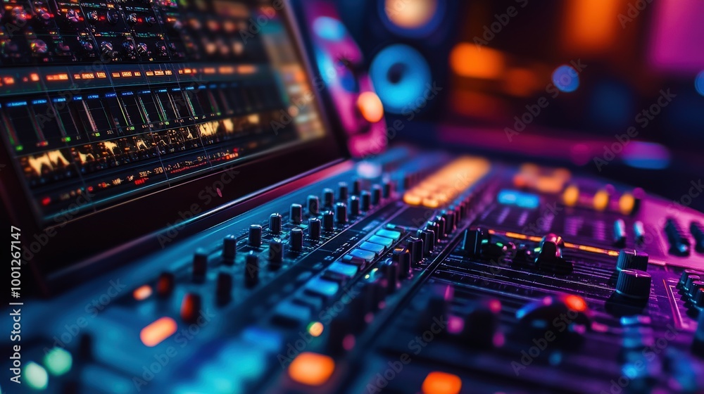 A close-up of the recording studio control desk reveals a laptop showcasing a digital audio workstation interface, working on intricate sound design A close-up of the recording studio control desk reveals a laptop showcasing a digital audio workstation interface, working on intricate sound design