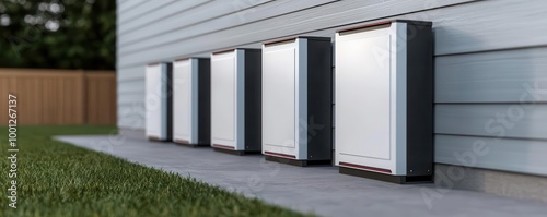 Modern energy storage units lined up against a building exterior. home battery