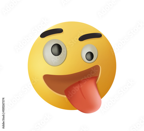 Crazy emoji 3D style icon. Face with winking eye and tongue out. Goofy emoticon, zany smile. Funny emoticon reaction for chat or messenger