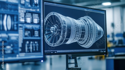 A close-up shot of a computer monitor features an elaborate 3D CAD design of a prototype jet engine. Engineers discuss their findings photo