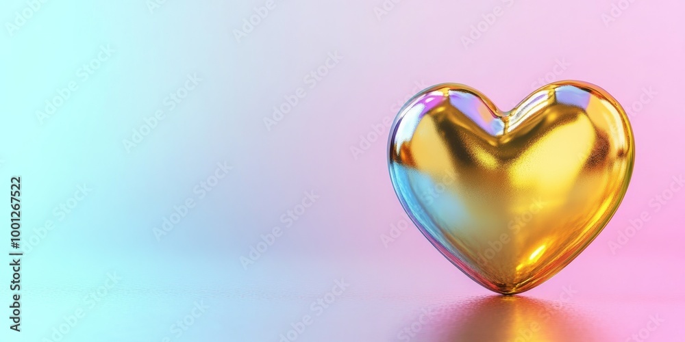 A glossy golden heart icon with a reflective surface, placed on a bright pastel background, perfect for romantic themes A glossy golden heart icon with a reflective surface, placed on a bright pastel background, perfect for romantic themes