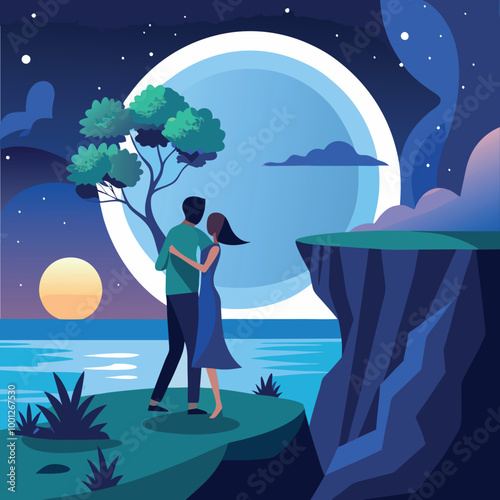 Girlfriend or boyfriend hugs dark landscape lovely marriage proposal concept full moonlight vector illustration royalty free images generated Ai