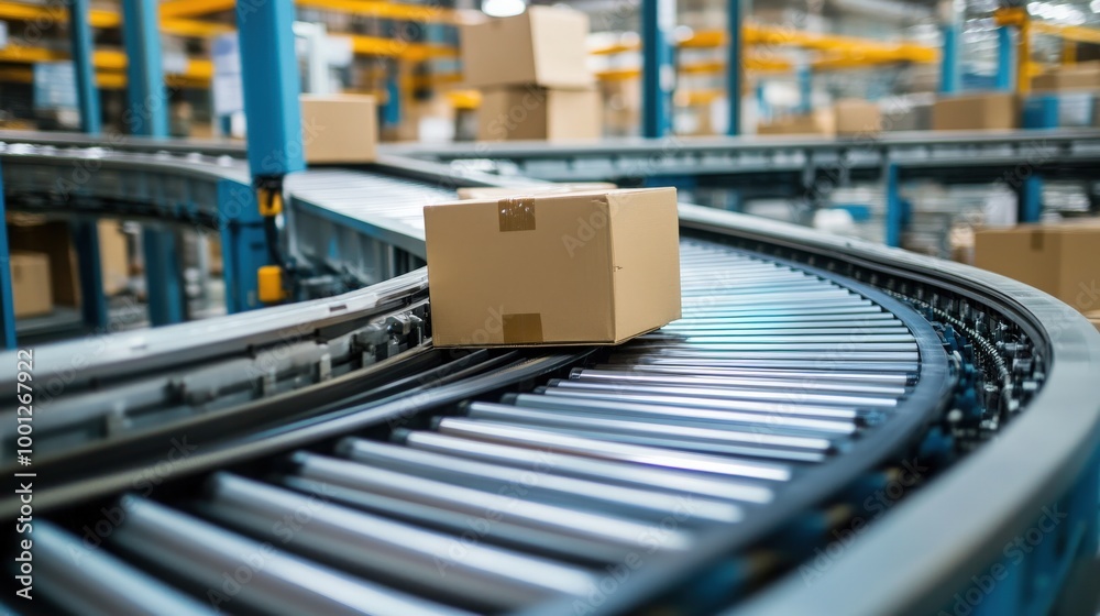 A close-up view highlights the efficiency of a logistics center's conveyor belt system, where cardboard boxes are transported for delivery to online customers A close-up view highlights the efficiency of a logistics center's conveyor belt system, where cardboard boxes are transported for delivery to online customers