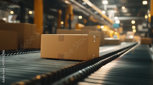 A close-up view of a conveyor belt in a logistics center shows cardboard boxes being prepared for delivery to online customers.