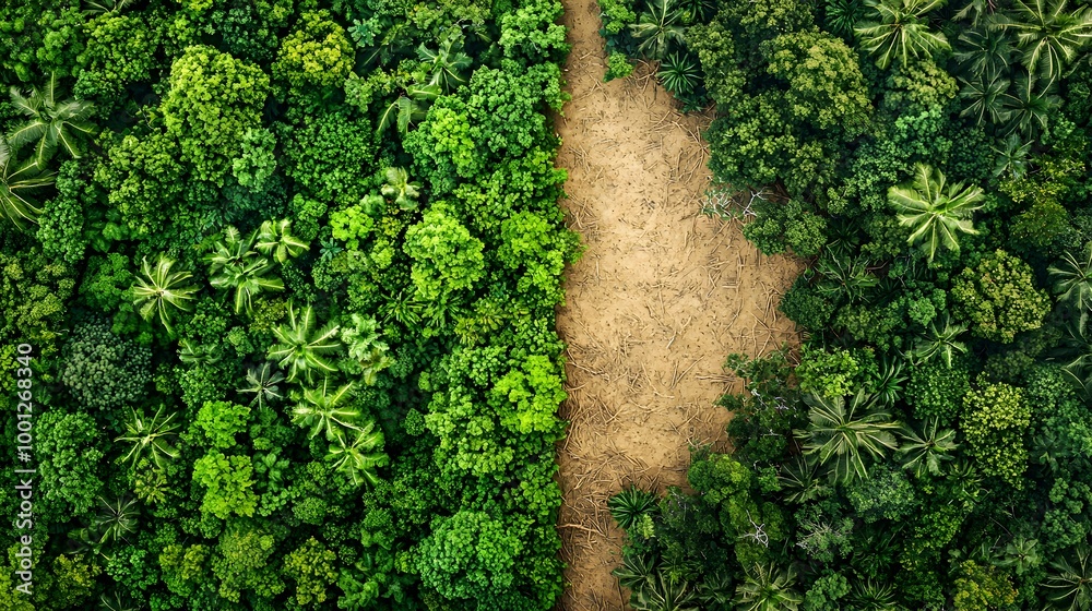 Fototapeta premium Lush Green Tropical Jungle Canopy with Winding Pathway through Dense Foliage