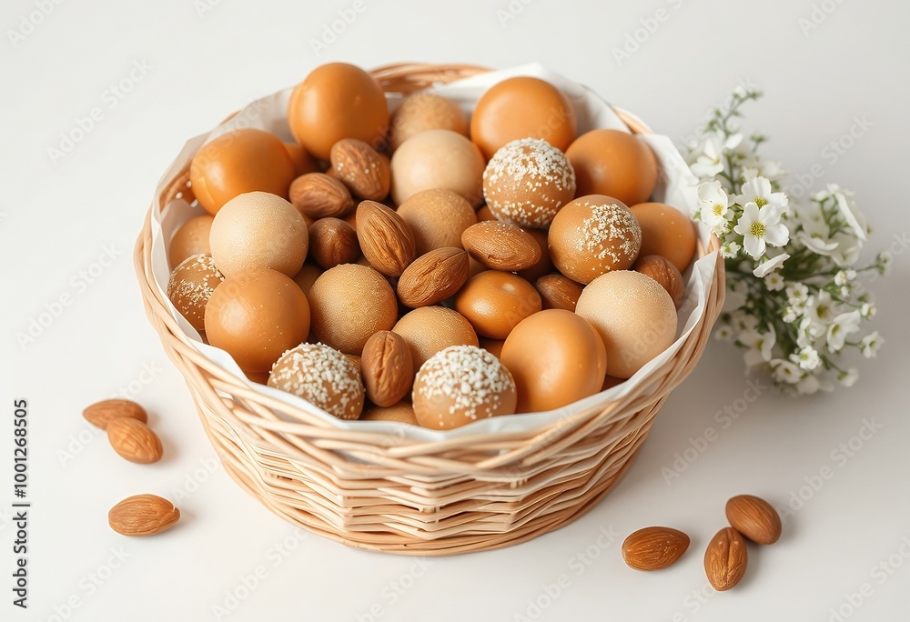 Basket of Almonds and Brown Candy Coated Chocolate Eggs Basket of Almonds and Brown Candy Coated Chocolate Eggs