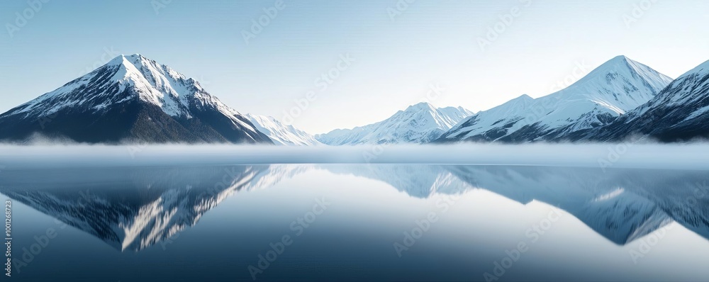Drifting fog over an alpine lake, snow-capped mountains reflected on the surface, 3D illustration Drifting fog over an alpine lake, snow-capped mountains reflected on the surface, 3D illustration