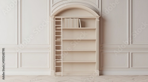 A classic bookshelf with a ladder stands in an elegant white room, reminiscent of a grand library.