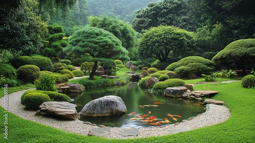 A serene pond with koi fish and lush greenery in a Japanese garden. photo