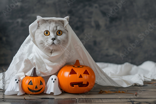 Cute fluffy cat hiding under blanket next to carved Halloween pumpkin, cozy fall scene featuring a playful kitten in a Halloween setting with seasonal decorations indoors