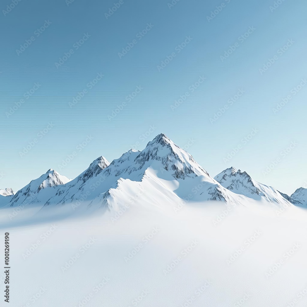 Drifting fog over snowy mountain peaks, crisp blue sky above, 3D illustration Drifting fog over snowy mountain peaks, crisp blue sky above, 3D illustration