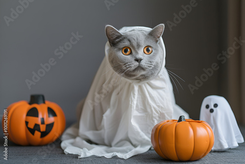 Cute fluffy cat hiding under blanket next to carved Halloween pumpkin, cozy fall scene featuring a playful kitten in a Halloween setting with seasonal decorations indoors