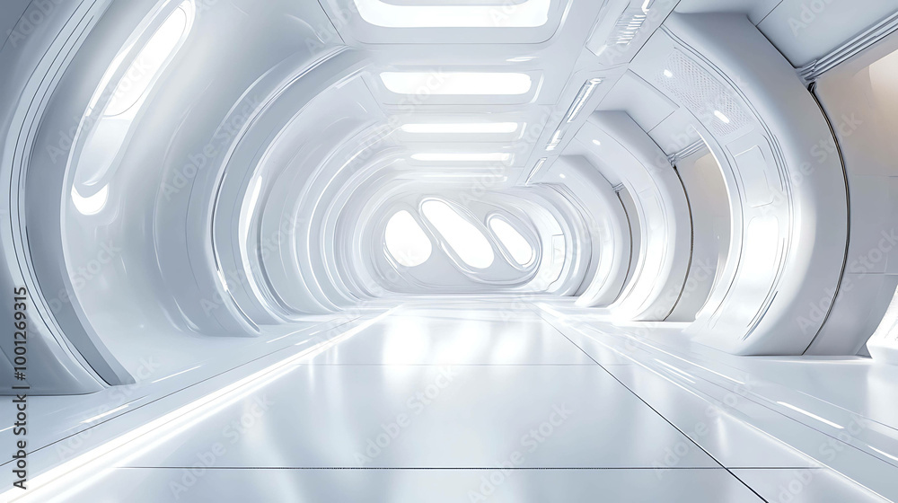 Naklejka premium Futuristic white corridor with glowing lights.
