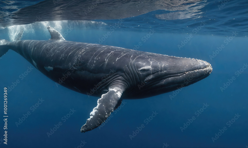 Naklejka premium A humpback whale swims through the ocean waters