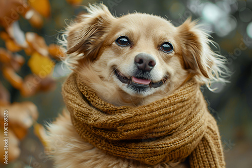 Portrait of a happy dog wearing a cozy sweater, close-up of dog looking at camera in a casual indoor setting, warm and cute photo of dog dressed for colder weather, playful expression