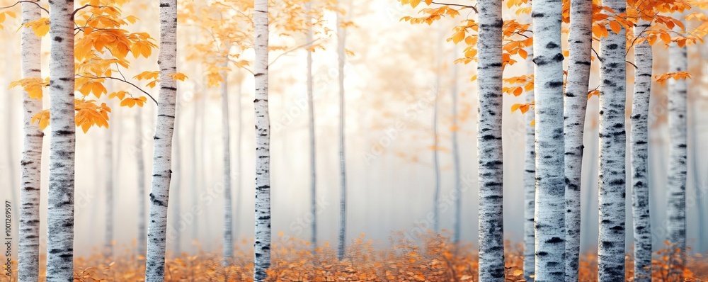 Drifting fog through a dense forest of birch trees, golden autumn leaves, 3D illustration Drifting fog through a dense forest of birch trees, golden autumn leaves, 3D illustration