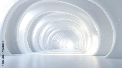 Abstract white tunnel leading to a bright light.