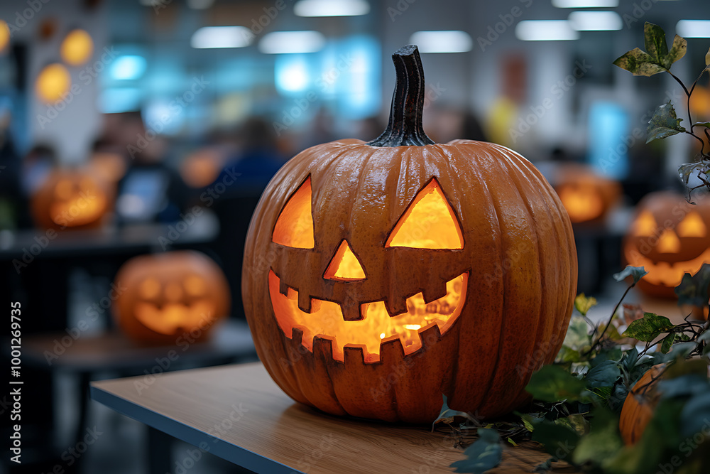 Fototapeta premium Corporate Halloween celebration in an IT office setting, featuring employees in costumes, decorations, and a festive atmosphere. 
