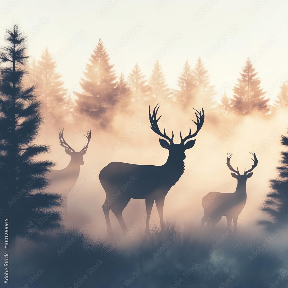 Fog drifting through a pine forest, deer silhouettes emerging from the mist, 3D illustration