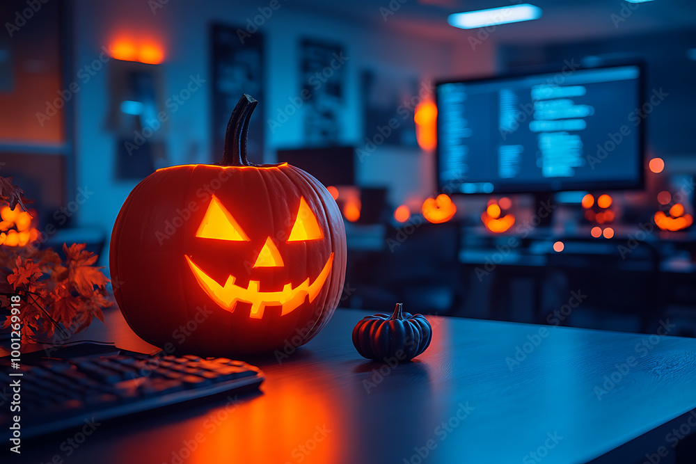 Corporate Halloween celebration in an IT office setting, featuring employees in costumes, decorations, and a festive atmosphere.
Corporate Halloween celebration in an IT office setting, featuring employees in costumes, decorations, and a festive atmosphere.