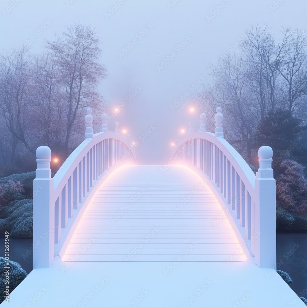 Fog-covered bridge in nature, drifting mist with soft glowing lights, 3D illustration Fog-covered bridge in nature, drifting mist with soft glowing lights, 3D illustration