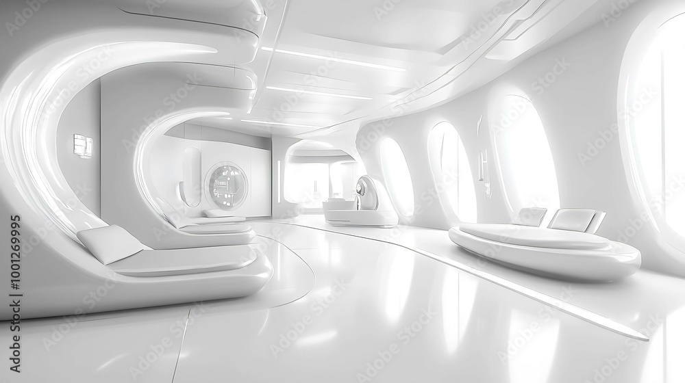 Futuristic white room interior with rounded furniture and large windows. Futuristic white room interior with rounded furniture and large windows.