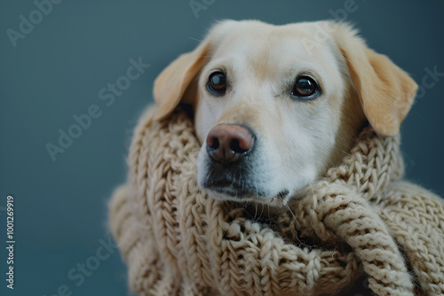 Portrait of a happy dog wearing a cozy sweater, close-up of dog looking at camera in a casual indoor setting, warm and cute photo of dog dressed for colder weather, playful expression
