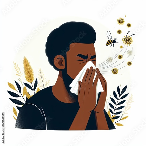Concept of allergy to flowers. Man sneezes from plant pollen