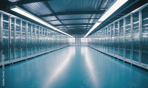 A long hallway lined with glass-fronted cabinets is illuminated by bright overhead lights