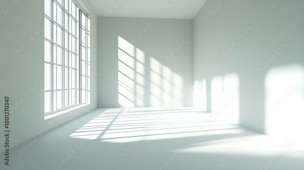 Fototapeta premium An empty white room with a large window. The sunlight streams in, casting long shadows on the floor.