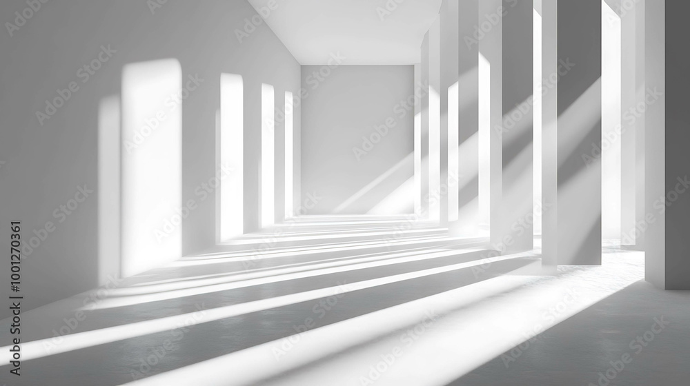 Obraz premium White minimalist interior with light rays shining through windows.